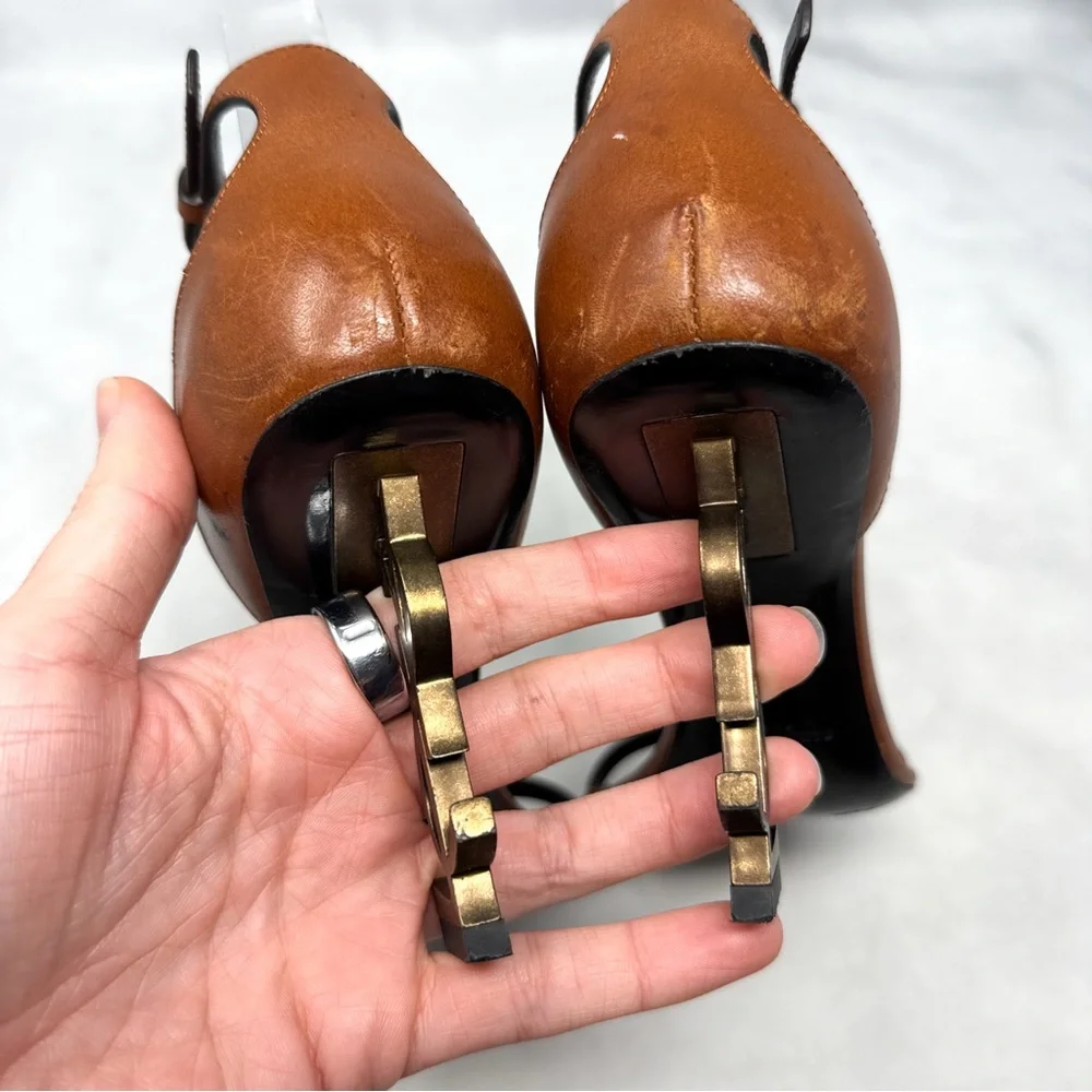 Saint Laurent Opyum 85 Leather YSL Cassandre Monogram Metal Heel Sandal Brown 36 - Picture 9 of 16